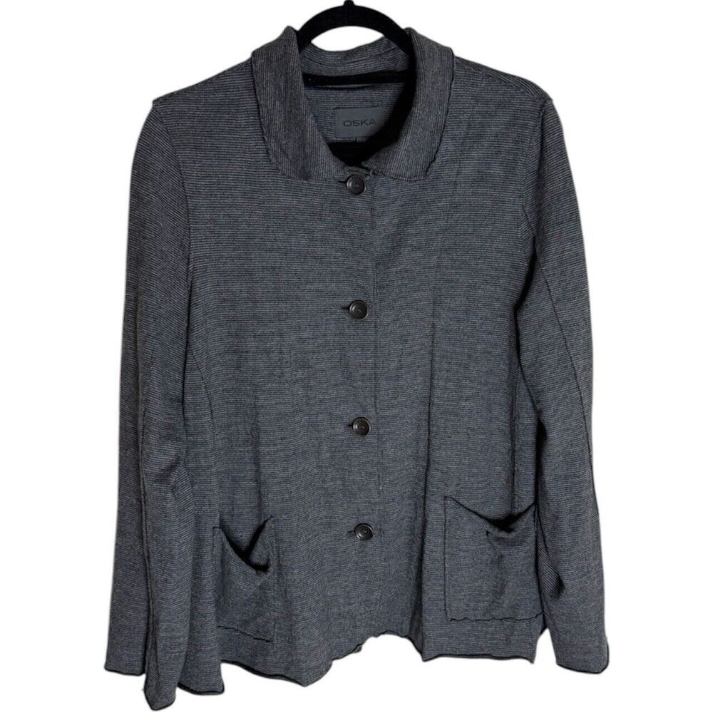 OSKA Wool Jacket Gray Striped Button Lagenlook Size 2